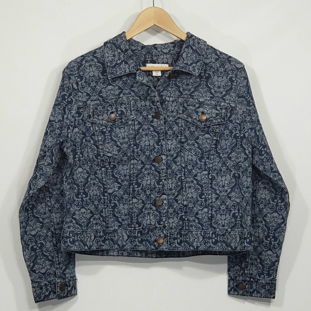 Coldwater Creek Floral Print Denim Trucker Jacket Women's Size P12 - Picture 1 of 4